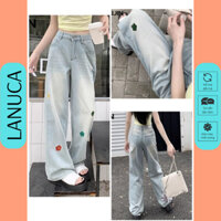 (NẤM 9 TẤC) Suông Nấm Lùn Jean Cho Nữ Thêu Hoa Quần Xuông Ống Rộng 9 Tấc 90cm Lưng Cao Màu Bụi 1m40 1m45 1m48 1m50