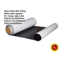 Nam châm dẻo Nhật Trắng cuộn nguyên dài 15met. Kích thước 620x0,5x15000mm, 620x0,75x15000mm, 620x1x15000mm. Nam châm từ