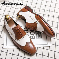 Nam Chắp Vá Hai Tông Màu Brogue Oxfords Giày Thời Trang Tay Khâu Da Đầm Giày Mũi Tròn Phối Ren Thấp Top Kinh Doanh Chính Thức Giày Derby