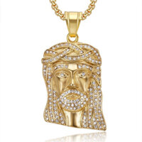 Nam Hip hop Chúa Giêsu Mặt Dây Chuyền Vòng Cổ Thép Không Gỉ Mạ Vàng Kim Cương Giả