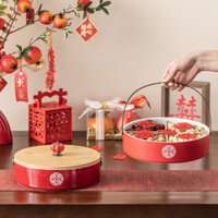 Năm Mới 2025 Lưới Trung Quốc Hộp Trái Cây Lễ Hội Mùa Xuân Tay Cầm Hộp Kẹo Bốn Lưới Hộp Trái Cây Khô Phân Vùng Khay Kẹo Đính Hôn Hộp Bánh Ngọt Giỏ Gốm Hộp Kẹo