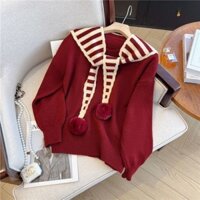 Năm Mới Bầu Không Khí Đỏ Đầu Sọc Khăn Choàng Áo Len Size Lớn Nữ Thu Đông Top Phong Cách Lười Mềm Mại Sáp Giả Hai Mảnh Áo Len Dệt Kim Top