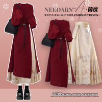 Năm Mới Mặc Trọn Bộ Nữ Mùa Đông Phong Cách Mới Áo Len Dệt Kim Dài Giảm Tuổi Phong Cách Trung Hoa Váy Mặt Ngựa Bộ Hai Mảnh#14091127#