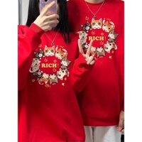 Năm Mới Màu Đỏ Cổ Tròn Nữ Áo Hoạt Hình Mèo Vòng Tròn Anime In Mùa Thu 2025 Cặp Đôi Dài Tay Top