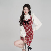 Năm mới váy yếm kẻ sọc đỏ kiểu Pháp hai chiếc váy ngọt ngào mẫu mới