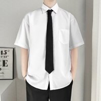 Nam Mùa Hè 2023 Mới Thời Trang Mỹ Rời Phiên Bản Hàn Quốc Đứng Cổ Xu Hướng Màu Trơn Đơn Giản Ngày Sinh Viên Đại Học Phong Cách dk Đồng Phục Cà Vạt Trắng Áo Sơ Mi Tay Ngắn
