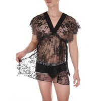 Nam Nữ Ren Gợi Cảm Trong Suốt Áo Khoác Cổ Chữ V Không Tay Bên Áo Cardigan Nhìn Xuyên Qua Áo Tắm Đồ Ngủ