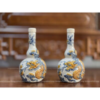 Nậm Rượ.u Bầu Sứ Men Rạn Cao Cấp Bát Tràng - Song Long Chầu Nguyệt Và Sen Liên Hoa Cát Tường Đồ Thờ Cao 17cm-23cm