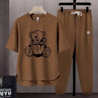 Nam tay ngắn + quần tây băng lụa bánh quế dáng rộng quần thể thao thông thường bộ đồ hai mảnh