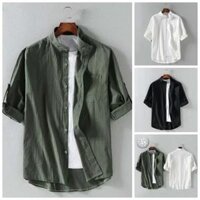 Nam Vải Lanh Áo Sơ Mi Tay Ngắn Cổ Đứng Vải Lanh Cotton Áo Hợp Thời Trang Xuyên Biên Giới Trang Phục Thời Trang