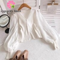 Năng LƯỢNG GIỚI HẠN Áo sơ mi voan dài tay, Áo Cardigan tay phồng thanh lịch ngọt ngào, Áo cổ chữ V thoáng khí Áo dệt kim mỏng hàng đầu nữ
