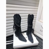 Nâu Giày Cao Bồi Miền Tây Châu Âu và Mỹ Mới Retro Tua Rua Giày Nữ Da Lộn Nhọn Dày Gót Cao Hiệp Sĩ G