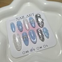 NB024 - Nailbox móng úp dáng oval form dài vừa tráng gương nổi đính nơ dễ thương đủ size XS-S-M-L