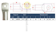 NC240-12 – Đầu cos đồng 240mm², 1 lỗ 12.5mm, đuôi ngắn