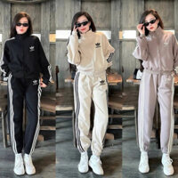 New 2024-Set bộ thể thao nữ mùa đông chạy sọc viền 3 sọc-bộ nỉ nữ cao cấp das áo kéo khoá quần bo