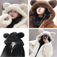 [New] Áo khoác Mũ lông trùm đầu có tai gấu ấm áp dễ thương cho nữ/ Áo khoác lông dày 2 lớp ấm áp. - Hàng mới về