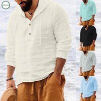 New Coming~Stylish Men's Solid Hooded Shirt Button Down Cotton Linen Tops with Long Sleeves#Home Essentialses