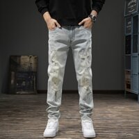 New fashionable men jeans light blue slim fit elastic jeans patch design high-quality casual men jeans