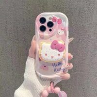 New Girl Ice Cream 3D Hello Cute Kitty Cartoon Trường Hợp Điện Thoại Với Bracelet Holder Cho Iphone 12 13 14 Pro