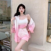 New Internet celebrity fashion coat inner suit large size girls' small gradient shirt camisole denim shorts three-piece set