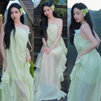 [New Maxi] Đầm Váy Maxi đi biển cổ yếm thắt rít kết hoa laze viền bèo xẻ tà hở lưng 2 màu bồng bềnh nữ tính-MaxiTinTin