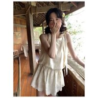 [NEW] Set Bộ Nữ Áo Thô Ren Thêu Hoa Cổ Yếm Thắt Nơ Mix Chân Váy Xoè Style Ulzzang