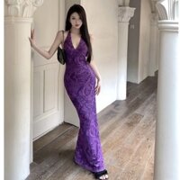 New Sexy Chest-showing figure-shaping V-neck dress printed slim-fit waist-covering hip-covering open-back split dress 0AJU