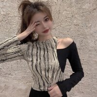 New Spring Slim Slimming off-Shoulder Top False Two-Piece Suit Patchwork Fitted Waist Bottoming Shirt