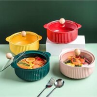 New - Tô Sứ Có Nắp Đậy Sọc Nhỏ