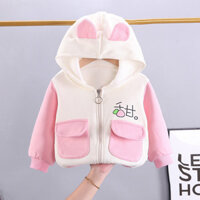 New Xuân Thu Bé Gái Áo Khoác Hoạt Hình Tai Thỏ Cotton Mùa Đông Áo Khoác Ngoài Trẻ Em Nhung Có Mũ Trùm Đầu Áo 0-5 Tuổi