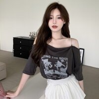 New1 Mười Ngàn Người Bộ Sưu Tập Màu Xám Một Vai Nữ Tay Ngắn Ngọt Ngào Hot Girl Dây Xích Thiết Kế Áo Thun Không Dây Nữ Rời Tinh Khiết Desire Phong Cách Ngày / 2.20 Mango