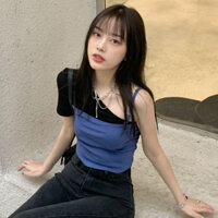 New3735 Bộ Sưu Tập Người Giả Hai Mảnh Màu Sắc Tương Phản BM Phong Cách Áo Thun Nữ Mùa Đông Đen Hot Girl Off-the-Shoulder Ngắn Skinny 2025 Áo Tay Ngắn / 2.20 Mango