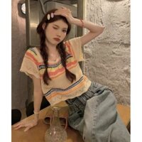New5349 Người Bộ Sưu Tập Dệt Kim Nữ Thiết Kế Cảm Giác Thích Hợp Sang Trọng Màu Sắc Sọc Cổ Vuông Đáy Áo Sơ Mi Rỗng Tay Ngắn Áo Thun Top / 2.20 Mango