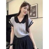 New6671 Người Bộ Sưu Tập Màu Sắc Tương Phản Cổ Búp Bê Băng Lụa Tay Ngắn Bay Thiết Kế Hàng Đầu Áo Thun Sense Ngắn Dệt Kim Nữ Hợp Thời Trang / 2.20 Mango