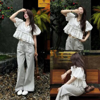 [NEW]Áo babydoll ren xô boi tay phồng layer bèo”VIAN” dáng rộng cổ V style Ulzzang 2 màu trắng/kẻ cr xanh