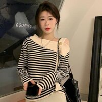 Newwellknowncool Thời trang ngọt ngào lệch vai cổ xiên sọc áo len dệt kim dài tay WWE