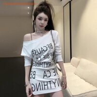 Newwellknownepic Slant Đeo Vai Mini Đầm Nữ Tay Dài In Chữ Co Giãn Bodycon Đầm VN
