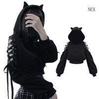 Nex Nữ Dễ Thương Cho Tai Mèo Áo Khoác Tay Dài Rỗng Ra Lạnh Vai Phối Ren Rời Crop Top Bông Tai Kẹp Đồ Họa Mồ Hôi