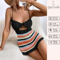 NGAOCROCHET Váy Len Móc Phối Màu Nổi Bật Có Dây Rút Điều Chỉnh - Đầm Len Hoạ Tiết Kẻ Ngang Đuôi Tôm Hở Lưng Đi Biển