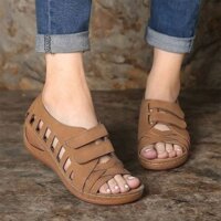 Ngoại Thương Size Lớn 41 42 43 Size Dép Nữ Mùa Hè Phong Cách Mới Miệng Cá Nêm Gót Rỗng Velcro Dép Thường Ngày