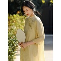 Ngoại Thương Xuất Khẩu Đuôi Lệnh Quần Áo Nữ Cắt Nhãn Retro Vải Lanh Cotton Ba Phần Tư Tay Áo Mùa Hè Phong Cách Trung Hoa Khóa Thiền Trà Quần Áo Tóc Thẳng Tóc Thẳng