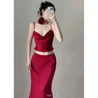 NGOCCLOTHING Set áo 2 dây lụa cổ đổ và chân váy lụa dài tặng kèm chorker hoa [FREESHIP] Bộ áo 2s và chân váy lụa dài HOT