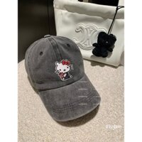 [Ngôi Nhà Nặng] Mũ Bóng Chày Cao Bồi Chống Nắng Hình Hello Kitty Xám Distress Dễ Thương