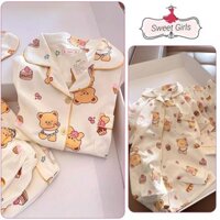 Ngọt Bơ Gấu Bộ Đồ Ngủ Nữ Mùa Hè Mới Phong Cách Nhật Bản Hoạt Hình Dễ Thương Tay Ngắn Mùa Hè Ngoài Trời Mặc Nhà Quần Áo Phù Hợp Với