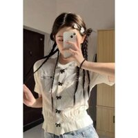Ngọt Ngào Cay Một Cánh Bướm Thiết Kế Nút Cảm Giác Trang Trọng Vai Đan Ngắn Tay Mỹ Phù Hợp Với Áo Thun Bên Ngoài Slim-fit