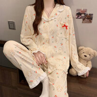 Ngọt Ngào Dễ Thương Giả Cotton Phiên Bản Hàn Quốc Quần Dài Tay Nữ Homewear Bộ Đồ Ngủ