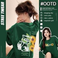 Ngọt Ngào Dễ Thương In Hoa Hướng Dương Xanh Đậm Cao Cấp Áo Thun Nữ Ins Loose Top