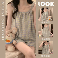 Ngọt Ngào Hoa Kẻ Sọc Mùa Hè Thoải Mái Bộ Đồ Ngủ Áo Vest + Quần Short Sinh Viên Nữ Homewear Phiên Bản Chất Lượng Cao