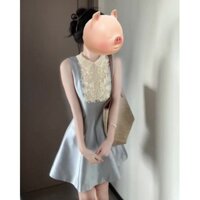 Người con gái quý phái mặc váy liền không tay Phong cách Chanel màu xanh Váy Ngắn Chữ a thắt eo đẹp độc đáo
