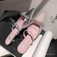 Người đẹp khổng lồ Dép Lê Nửa bít mũi màu hồng da bóng giày mũi nhọn màu bạc Mùa hè đi ra ngoài cho nữ